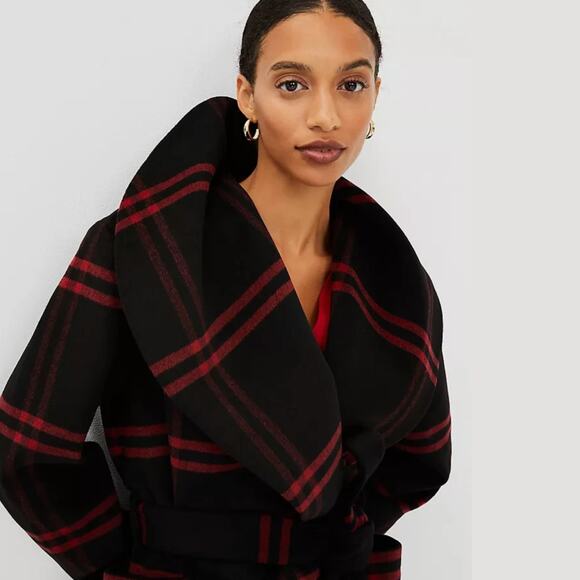 Ann Taylor Wool Blend Plaid Long Coat | Double Breasted Black Gray Red NWOT $300 - Picture 5 of 14